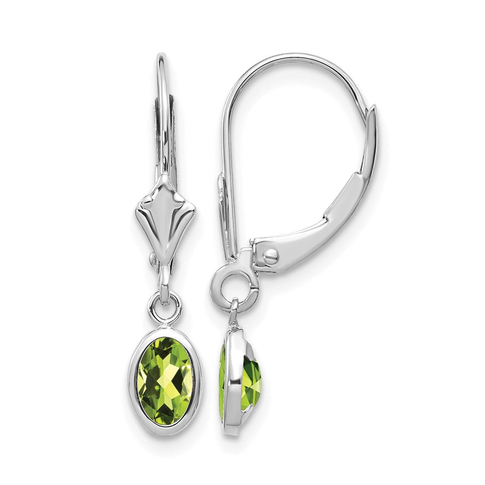 14k White Gold 6x4 Oval Bezel August/Peridot Leverback Earrings