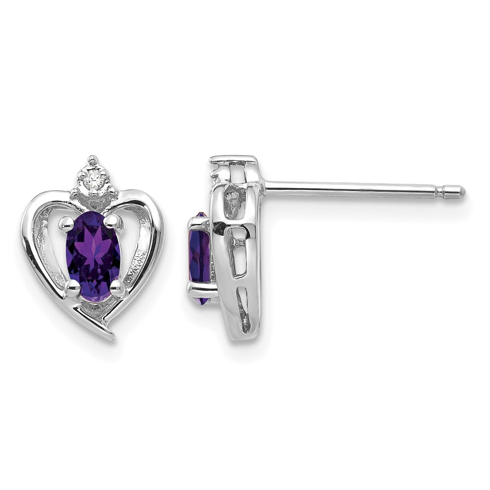 14k White Gold Amethyst and Diamond Heart Post Earrings