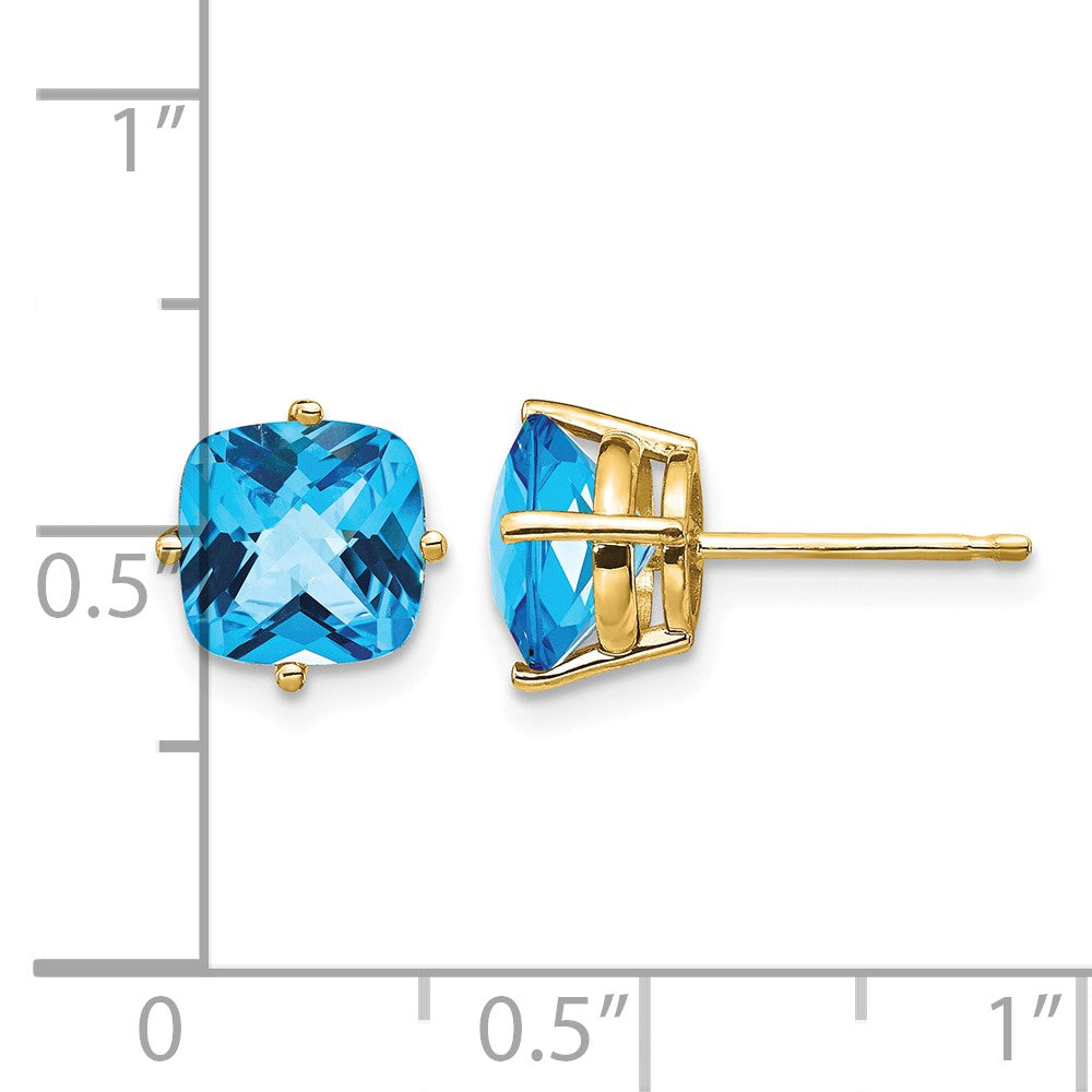 14k 7x7mm Cushion Blue Topaz Checker Earring