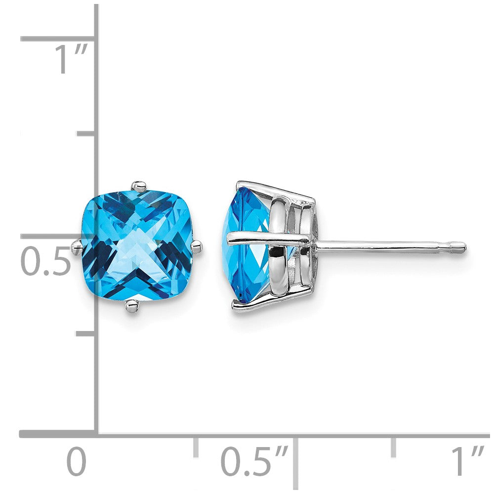 14k White Gold 7x7mm Cushion Blue Topaz Checker Earring