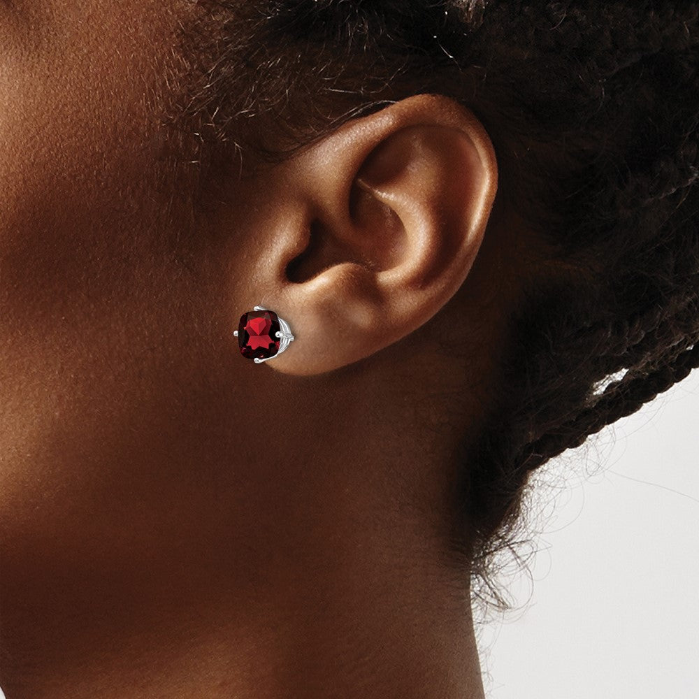 14k White Gold 7x7mm Cushion Garnet Checker Earring