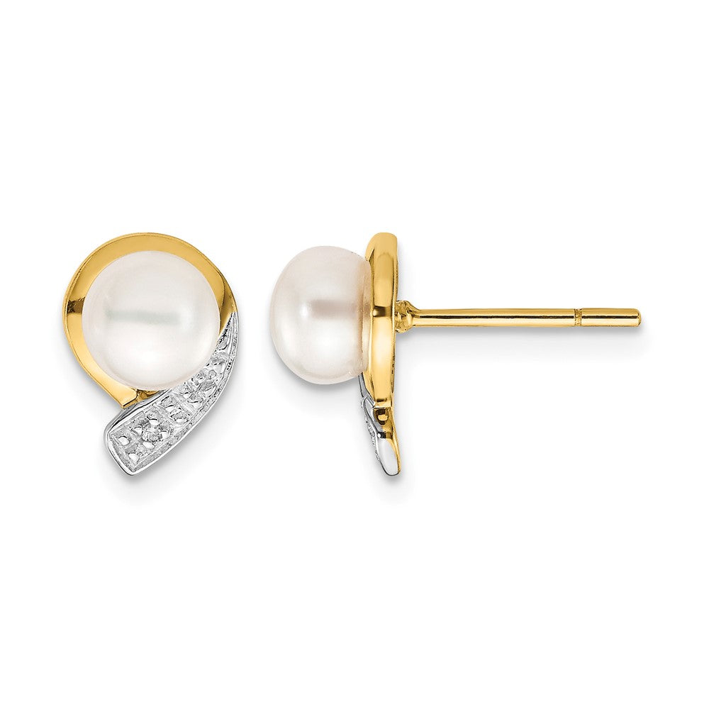 14k 5-6mm White Button FWC Pearl .01ct Diamond Post Earrings