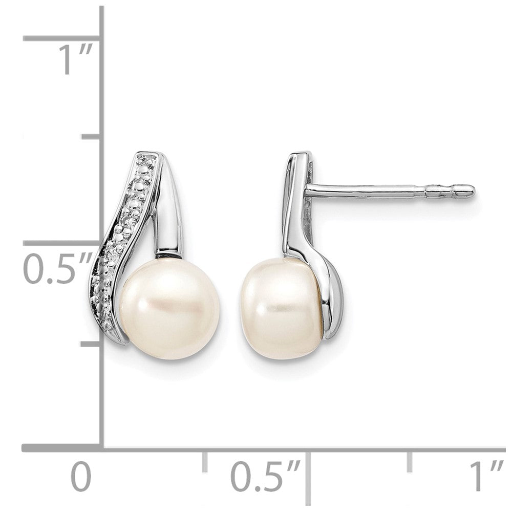 14k White Gold 6-7mm Button FWC Pearl .02ct Diamond Post Earrings