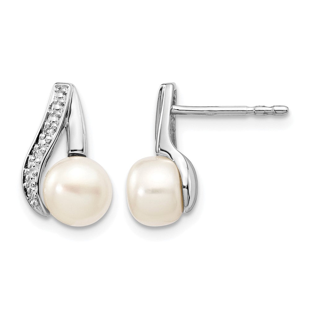 14k White Gold 6-7mm Button FWC Pearl .02ct Diamond Post Earrings