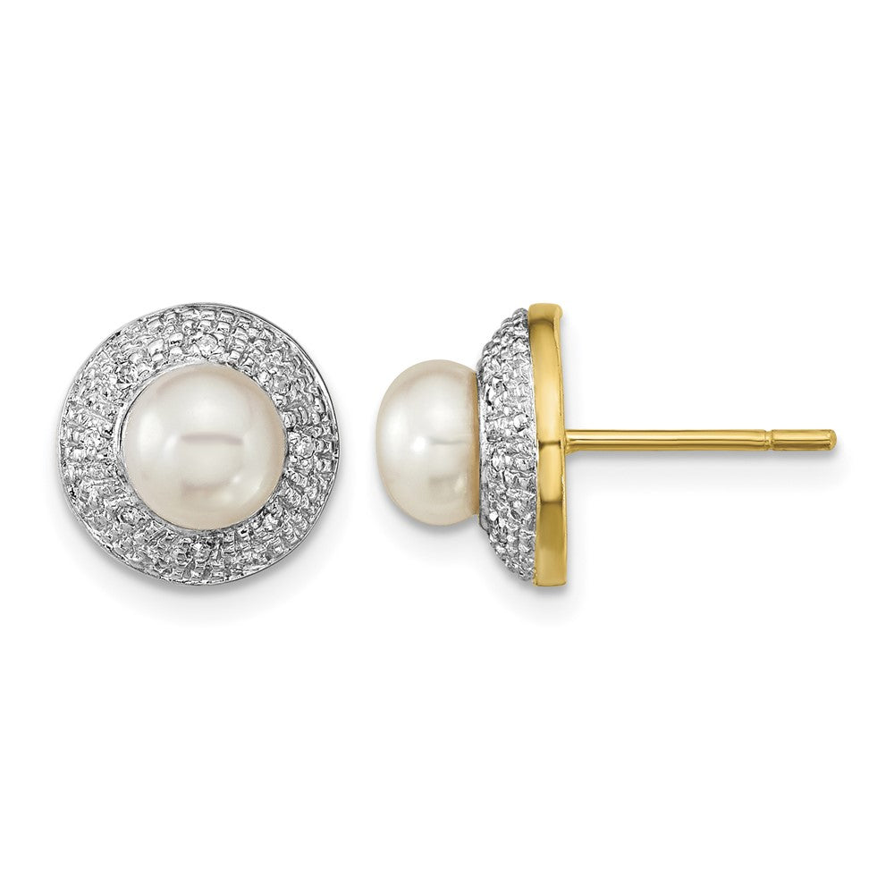 14k and Rhodium 5-6mm Button FWC Pearl .05ct Diamond Post Earrings