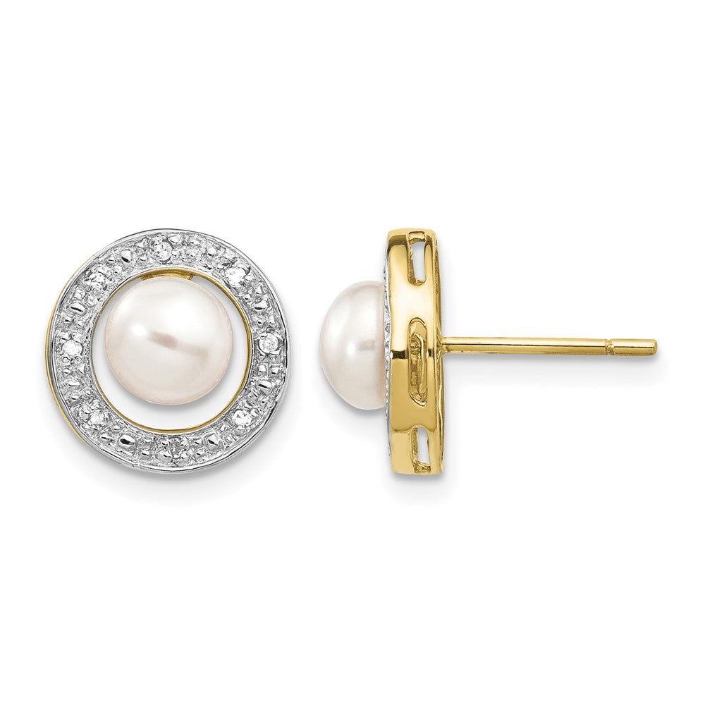 14k and Rhodium 5-6mm Button FWC Pearl .05ct Diamond Post Earrings