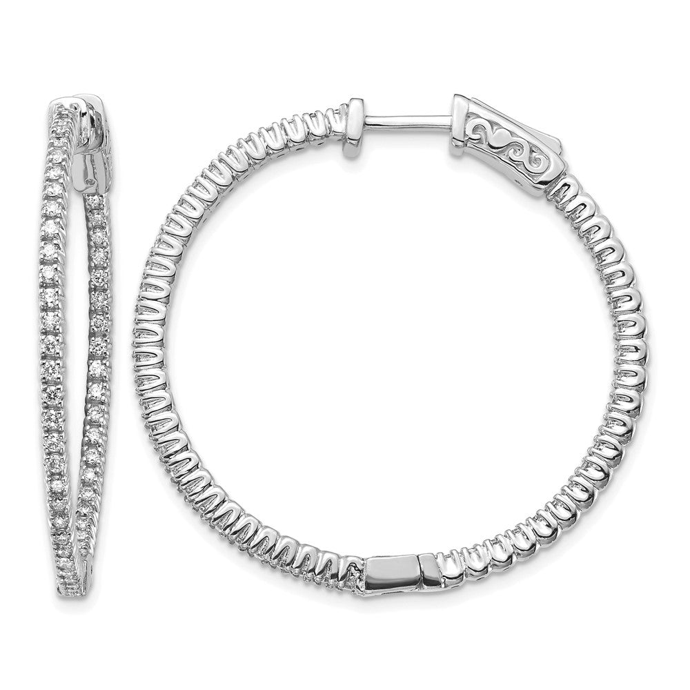 14k White Gold Diamond Round Hoop w/Safety Clasp Earrings