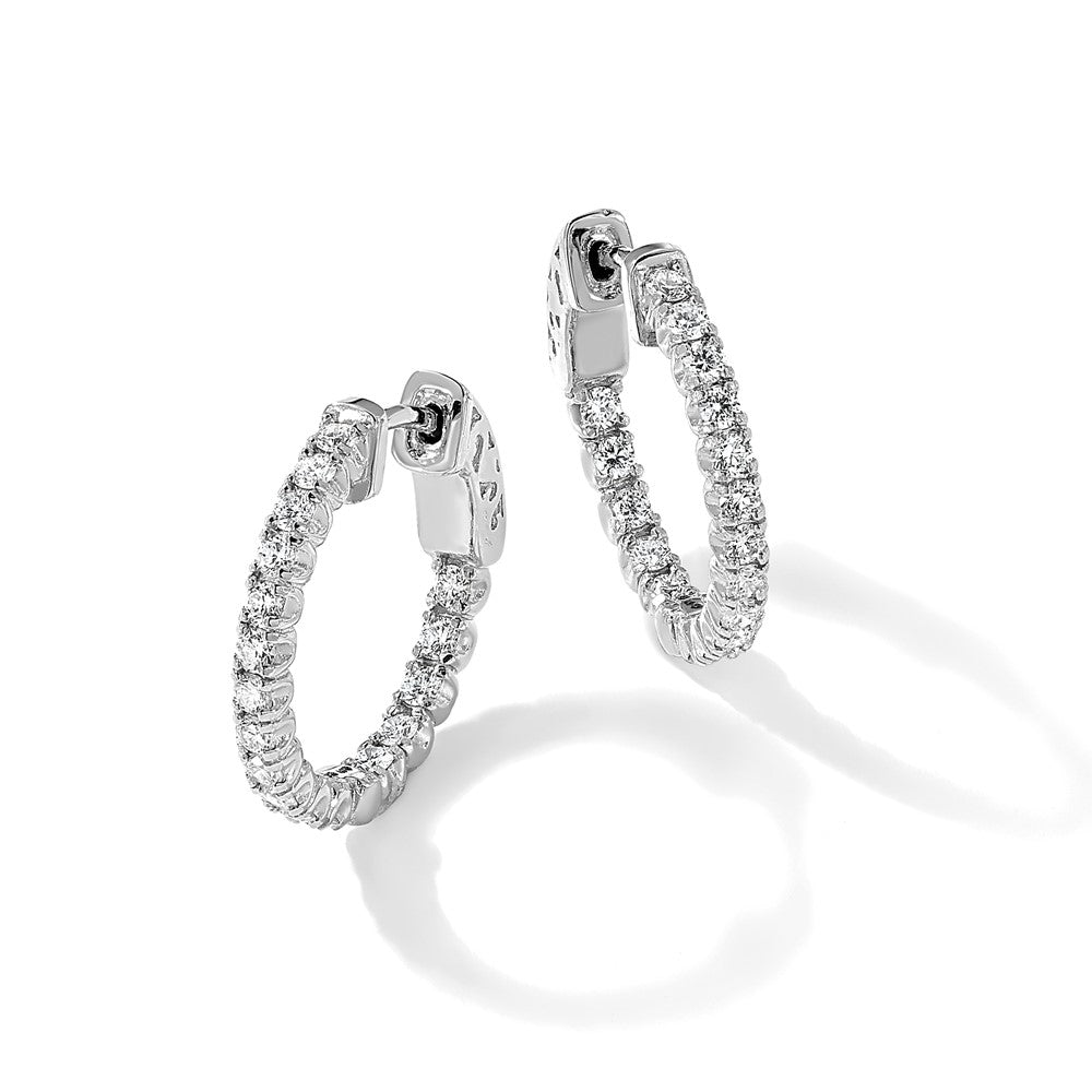 14k White Gold Diamond Round Hoop w/Safety Clasp Earrings