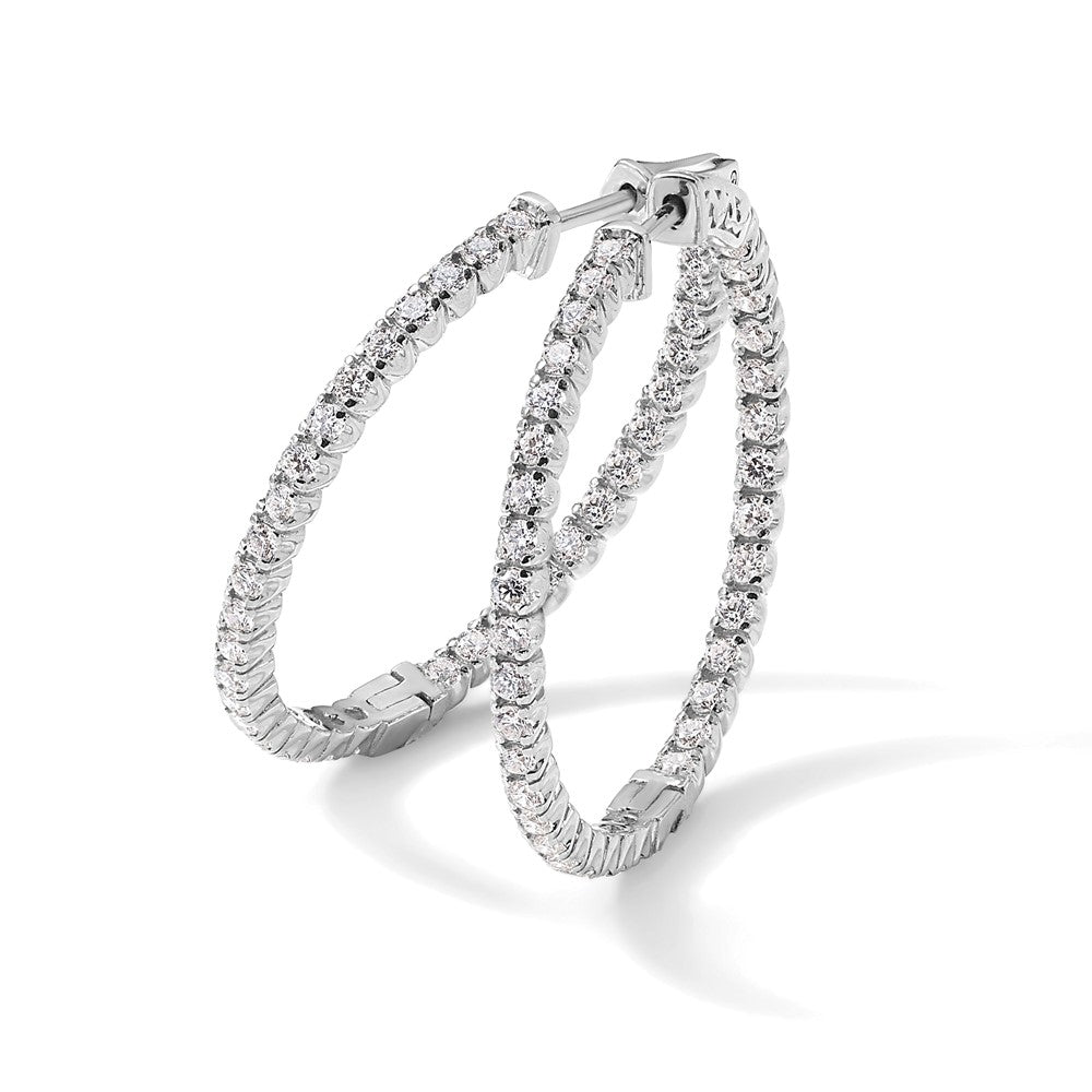 14k White Gold Diamond Round Hoop w/Safety Clasp Earrings