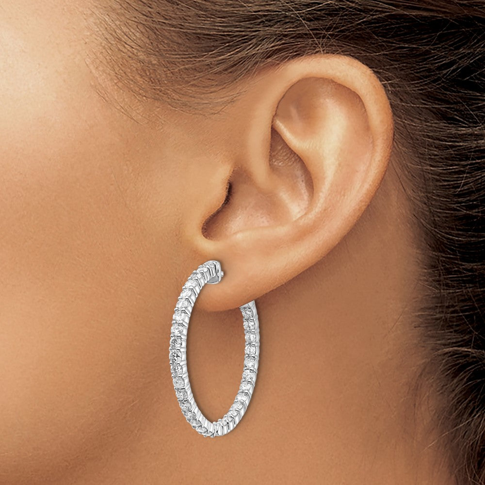 14k White Gold Diamond Round Hoop w/Safety Clasp Earrings