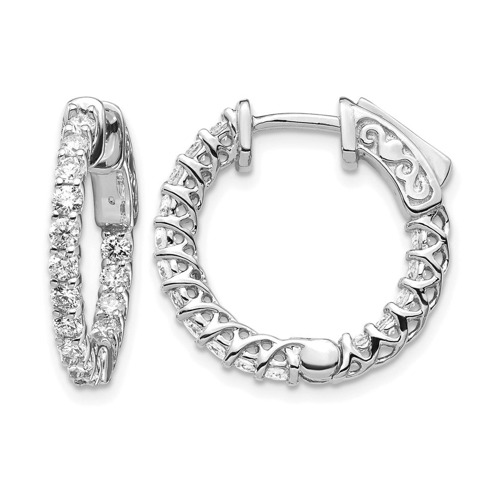 14k White Gold Diamond Round Hoop w/Safety Clasp Earrings