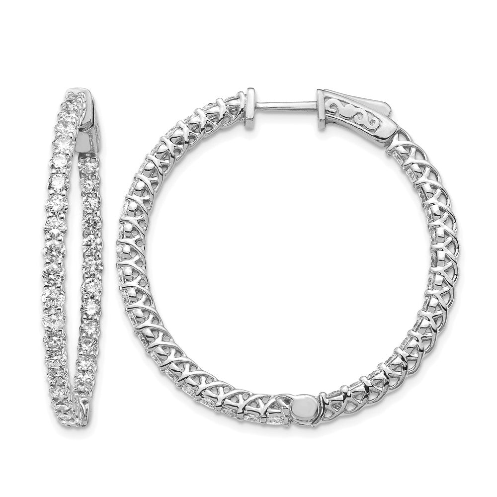 14k White Gold Diamond Round Hoop w/Safety Clasp Earrings