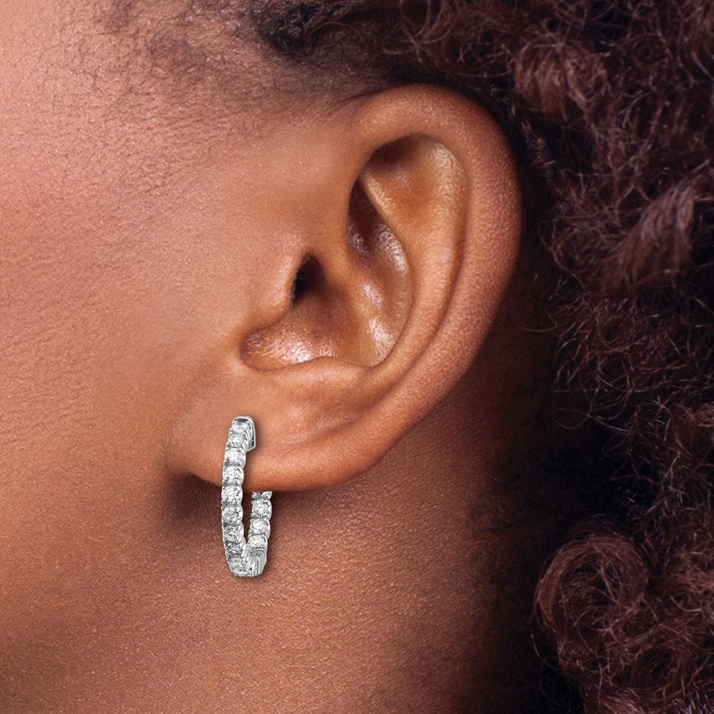 14k White Gold Diamond Round Hoop w/Safety Clasp Earrings