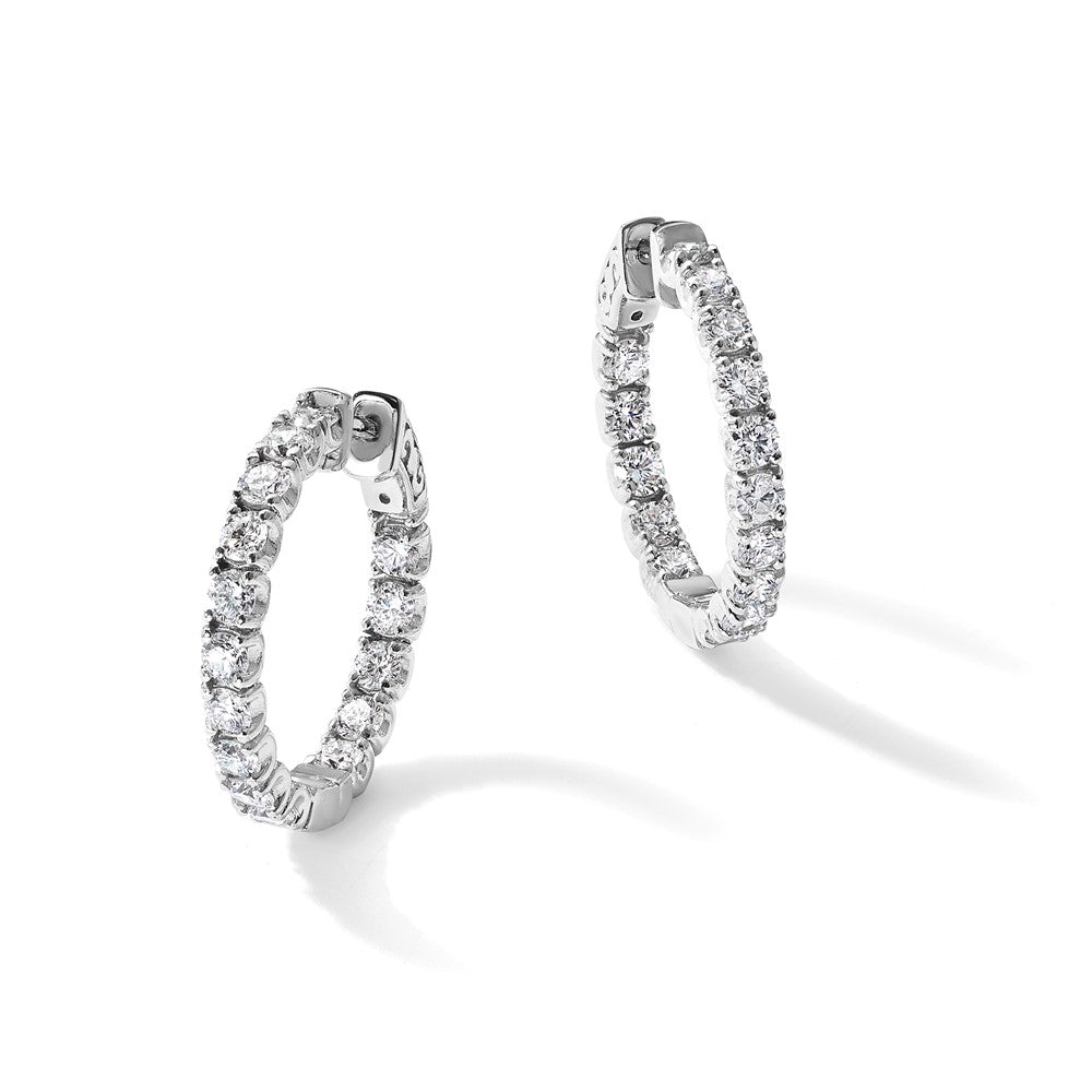 14k White Gold Diamond Round Hoop w/Safety Clasp Earrings