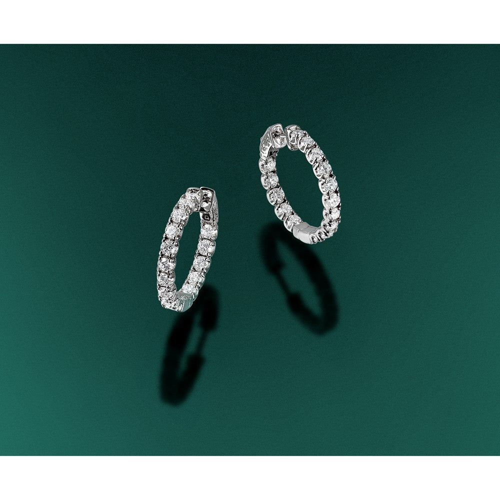 14k White Gold Diamond Round Hoop w/Safety Clasp Earrings