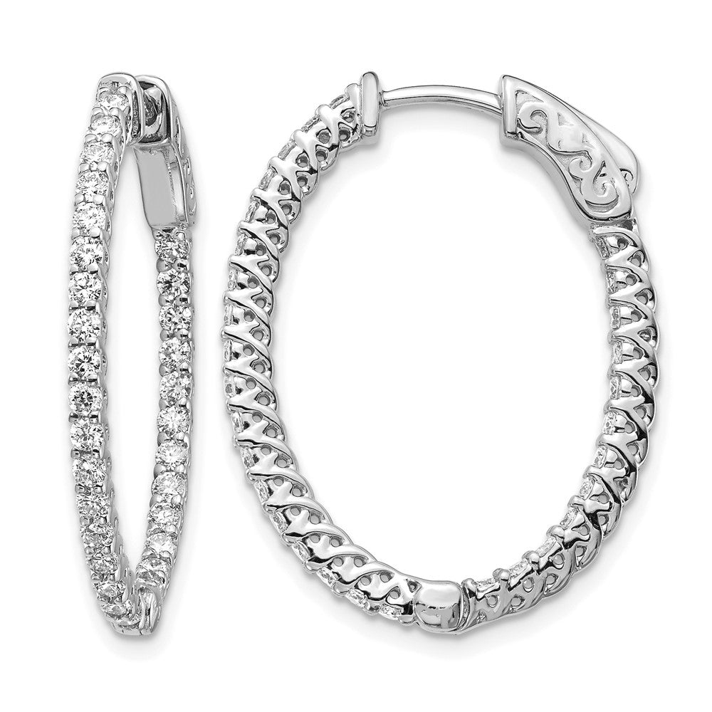 14k White Gold Diamond Oval Hoop w/Safety Clasp Earrings