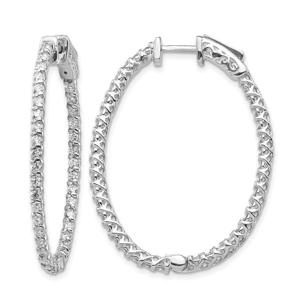 14k White Gold Diamond Oval Hoop w/Safety Clasp Earrings