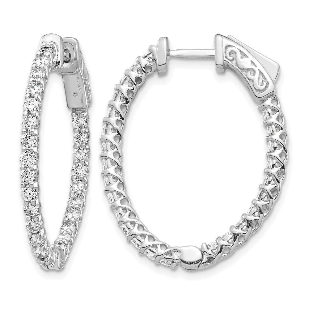 14k White Gold Diamond Oval Hoop w/Safety Clasp Earrings