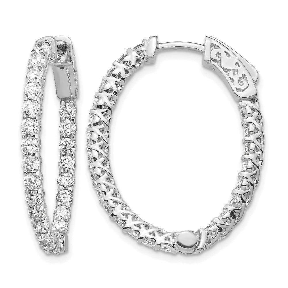 14k White Gold Diamond Oval Hoop w/Safety Clasp Earrings
