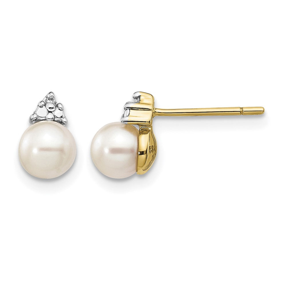 14k 5-6mm White Round FWC Pearl .01ct Diamond Post Earrings