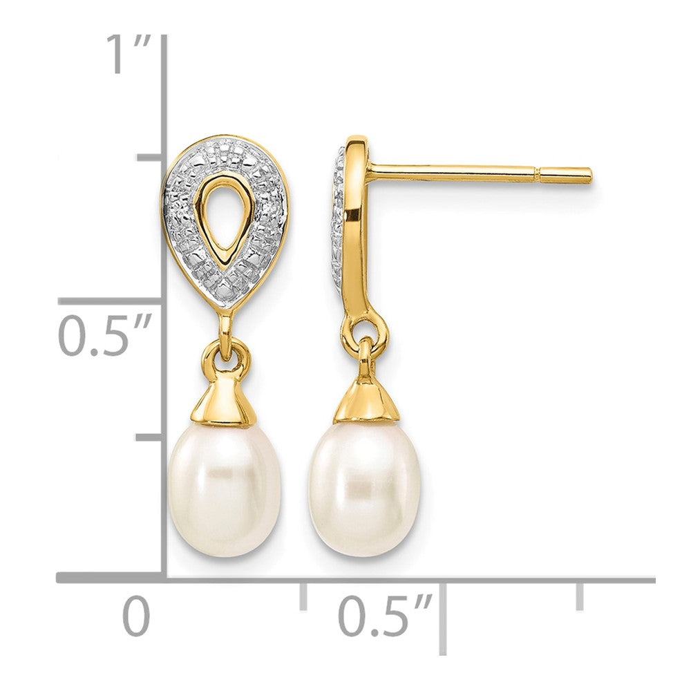 14k 7x5mm White Teardrop FWC Pearl .01ct Diamond Dangle Earrings
