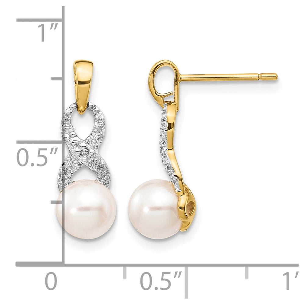14k 6-7mm White Round FWC Pearl .01 Diamond Dangle Earrings