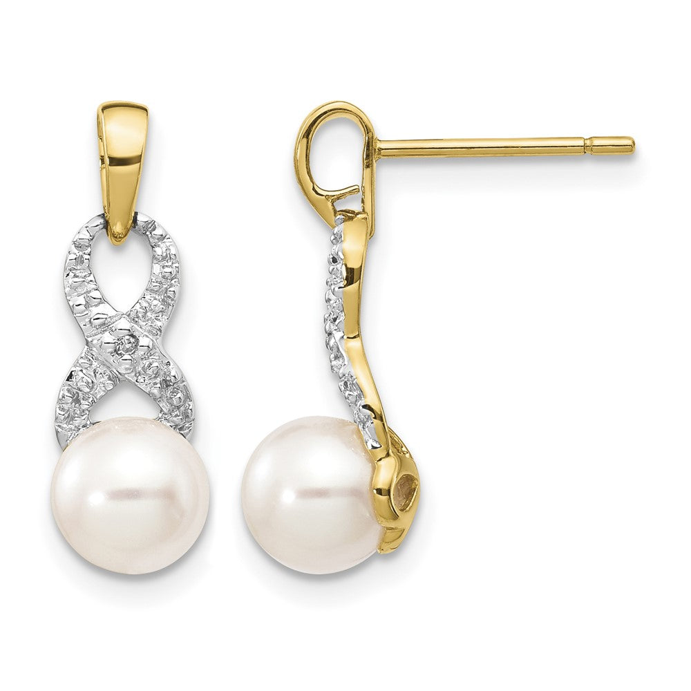 14k 6-7mm White Round FWC Pearl .01 Diamond Dangle Earrings