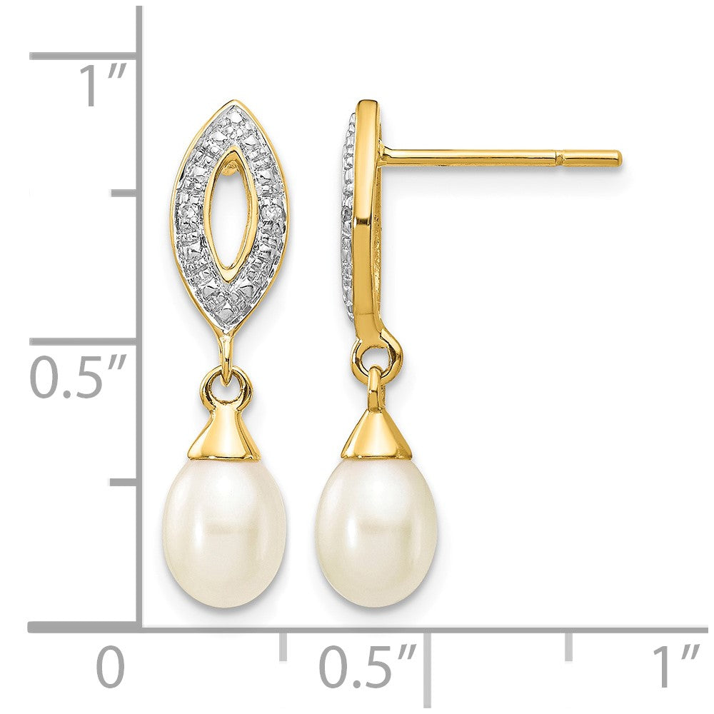 14k 7x5mm White Teardrop FWC Pearl .01ct Diamond Dangle Earrings