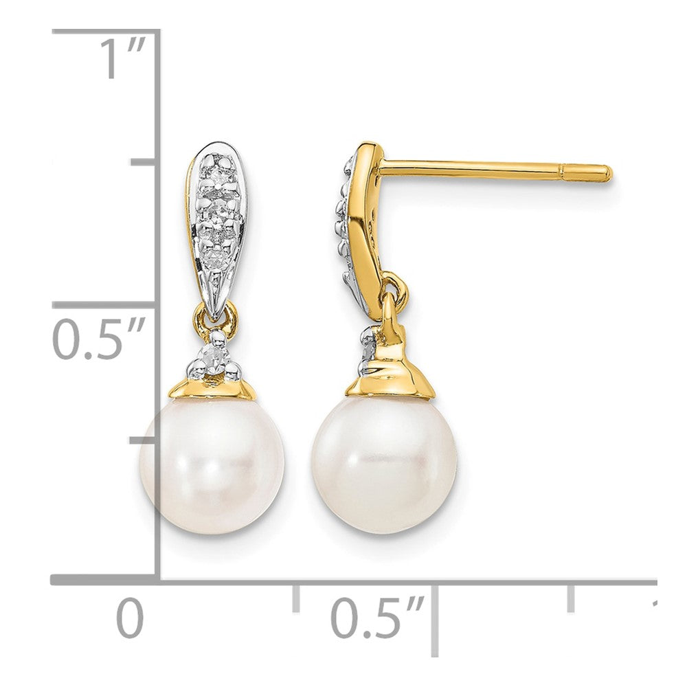 14k 6-7mm White Round FWC Pearl .08ct Diamond Dangle Earrings