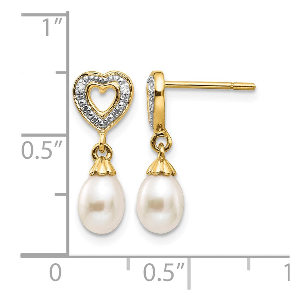 14k 7x5mm Teardrop FWC Pearl .01ct Heart Diamond Dangle Earrings