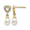 14k 7x5mm Teardrop FWC Pearl .01ct Heart Diamond Dangle Earrings