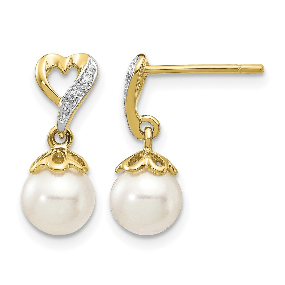 14k 6-7mm Round FWC Pearl .01ct Heart Diamond Dangle Earrings