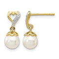 14k 6-7mm Round FWC Pearl .01ct Heart Diamond Dangle Earrings