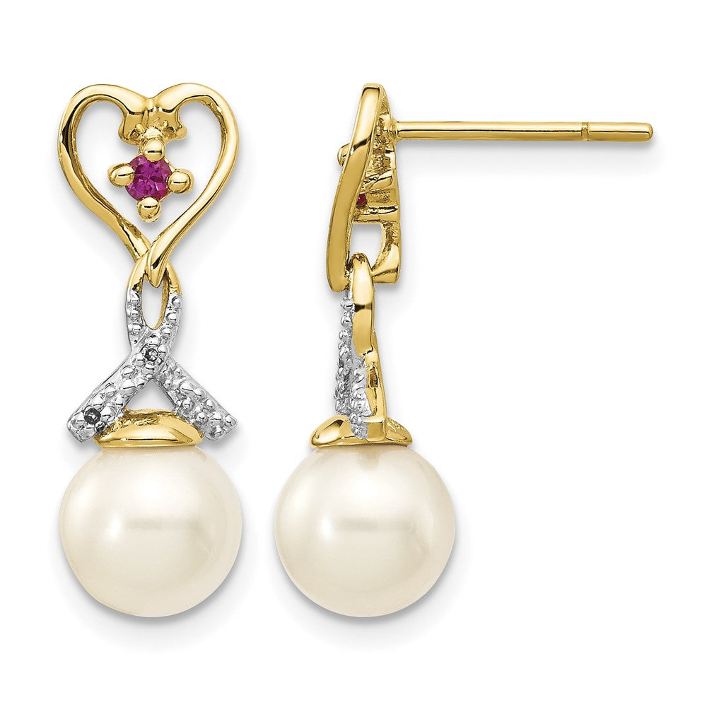 14k 7-8mm FWC Pearl Created Ruby Diamond Heart Dangle Earrings