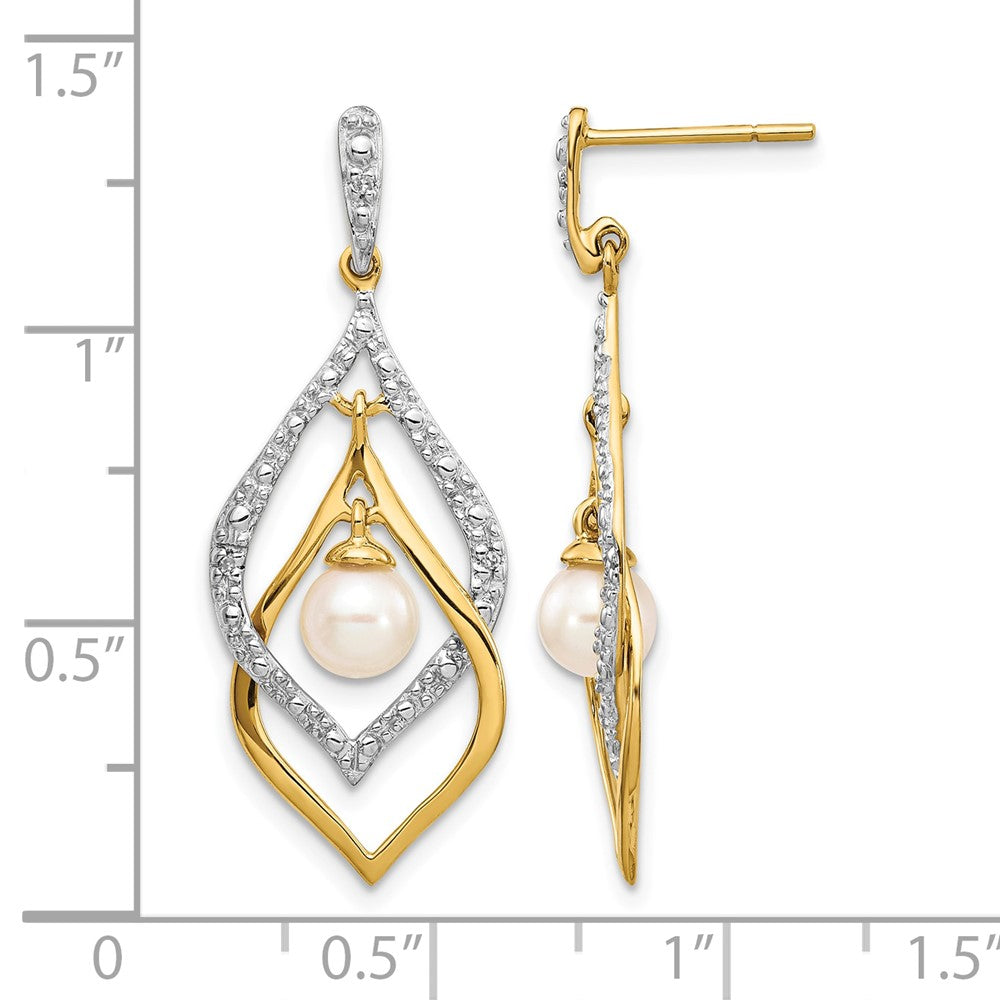 14k 5-6mm White Round FWC Pearl .02ct Diamond Dangle Earrings