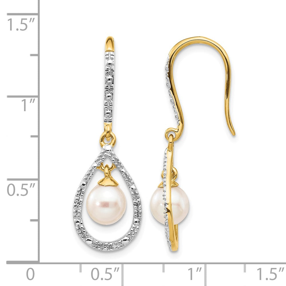 14k 6-7mm White Round FWC Pearl .02ct. Diamond Dangle Earrings