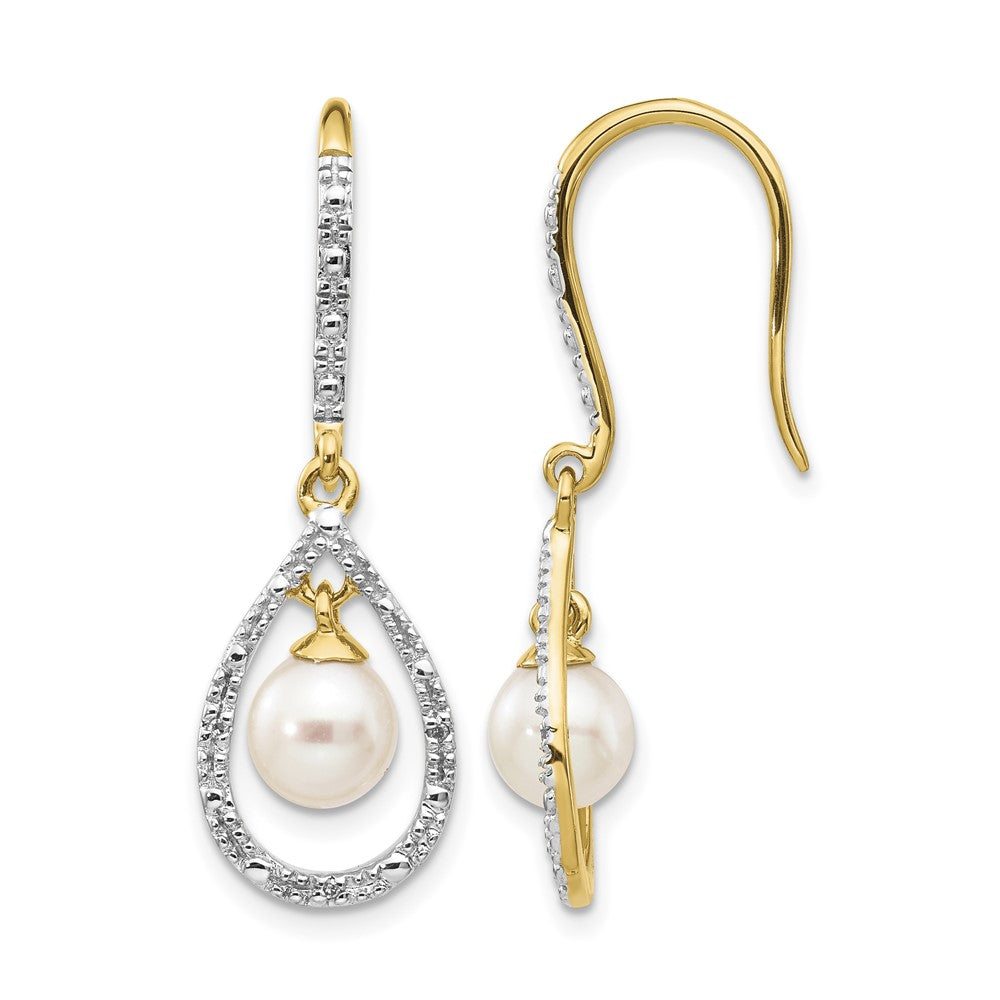14k 6-7mm White Round FWC Pearl .02ct. Diamond Dangle Earrings