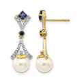 14k 7-8mm FWC Pearl Created Sapphire Diamond Dangle Post Earrings