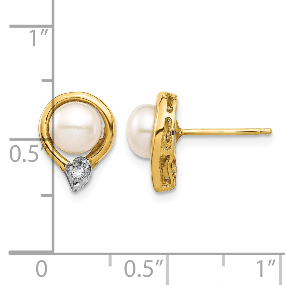 14K 5-6mm White Button FW Cultured Pearl .02ct Diamond Post Earrings