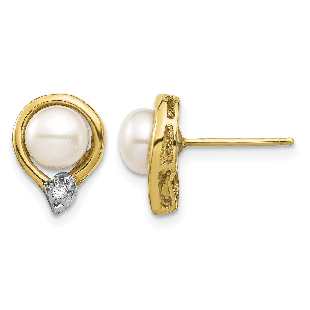 14K 5-6mm White Button FW Cultured Pearl .02ct Diamond Post Earrings