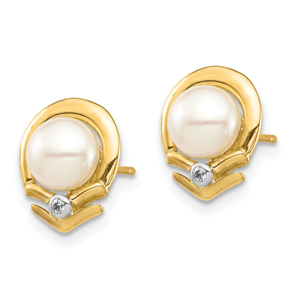 14K 5-6mm White Button FW Cultured Pearl .02ct Diamond Post Earrings