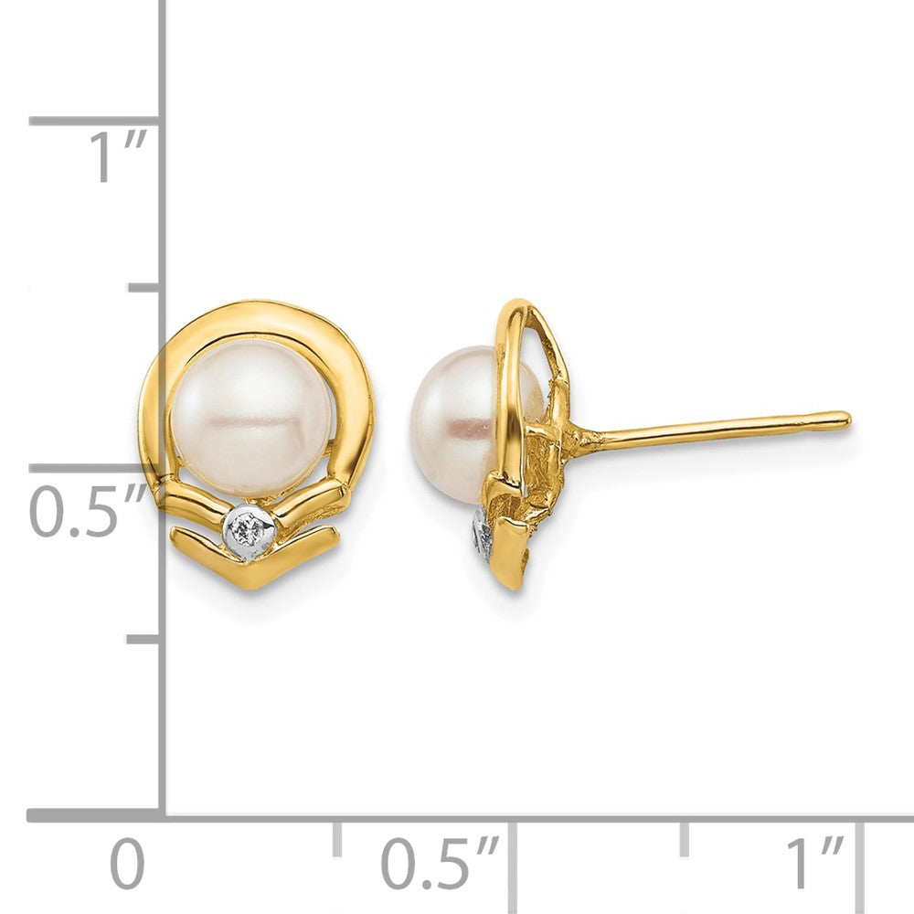 14K 5-6mm White Button FW Cultured Pearl .02ct Diamond Post Earrings