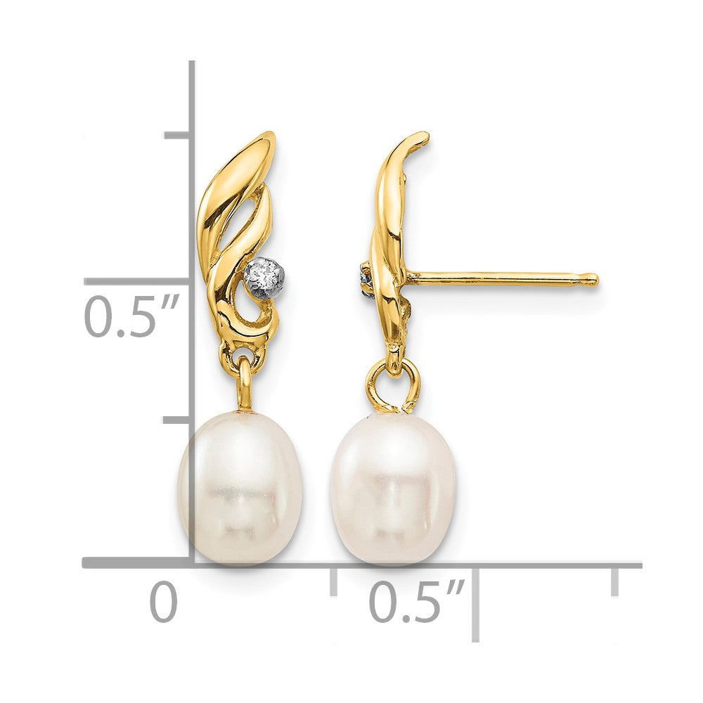 14K 5-6mm White Rice FW Cultured Pearl .02ct Diamond Dangle Earrings