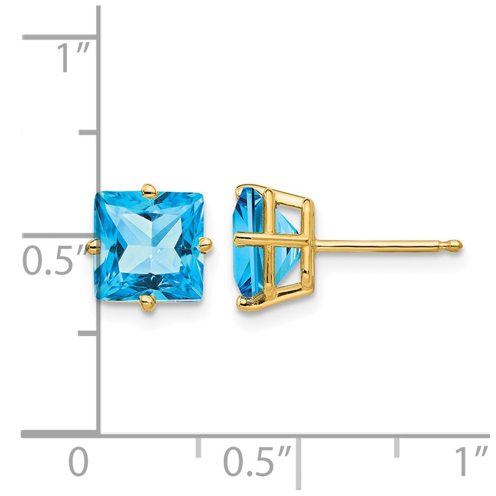 14k 7mm Princess Cut Blue Topaz Earrings