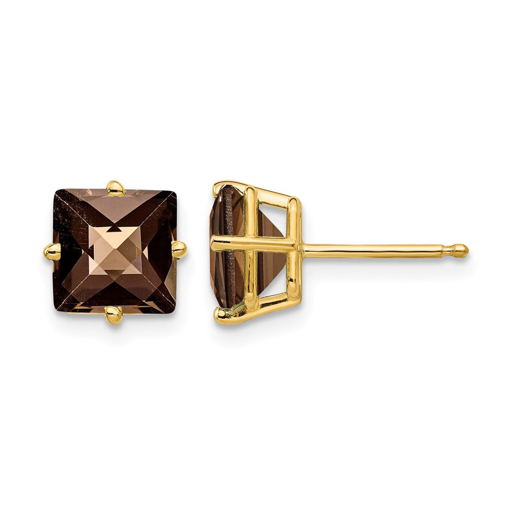 14k 7mm Square Checker-Cut Smoky Quartz Earrings