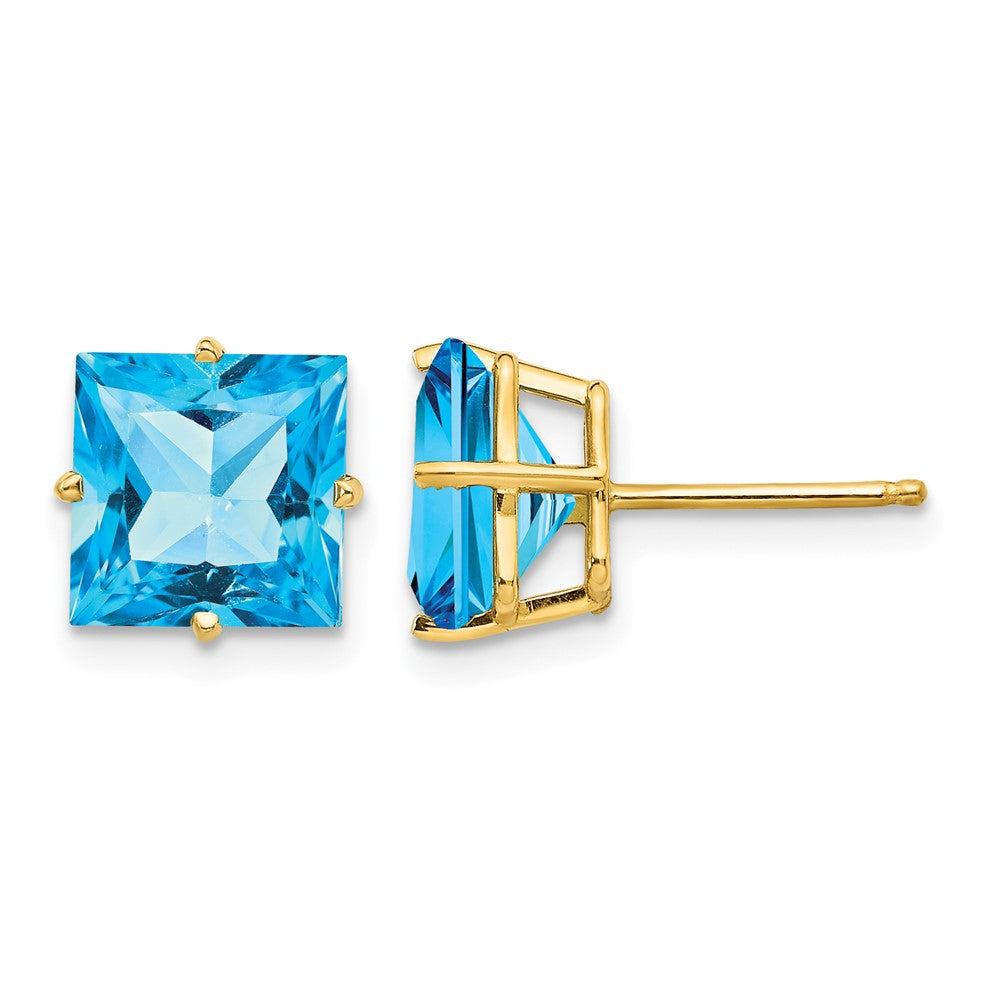 14k 8mm Square Step Cut Blue Topaz Earrings