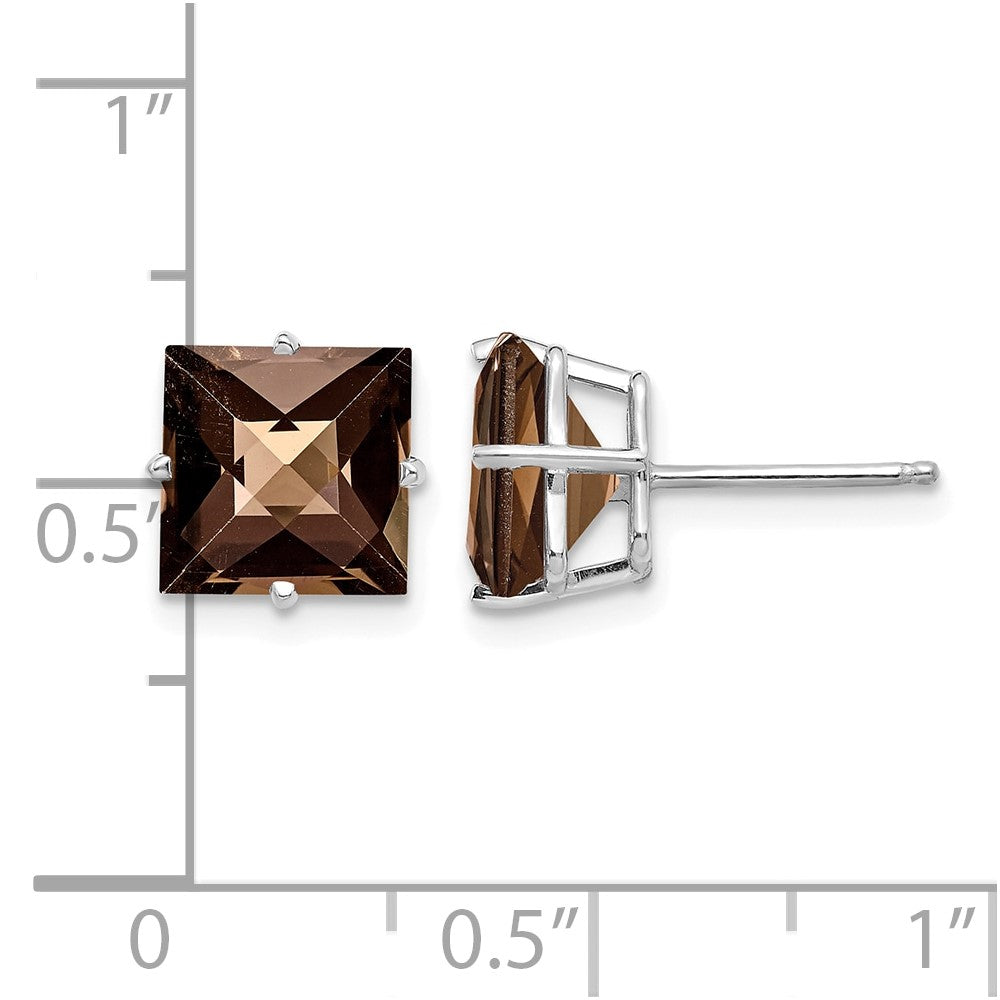 14kw Princess 4-Prong 8.0mm Checker-Cut Smoky Quartz Earrings