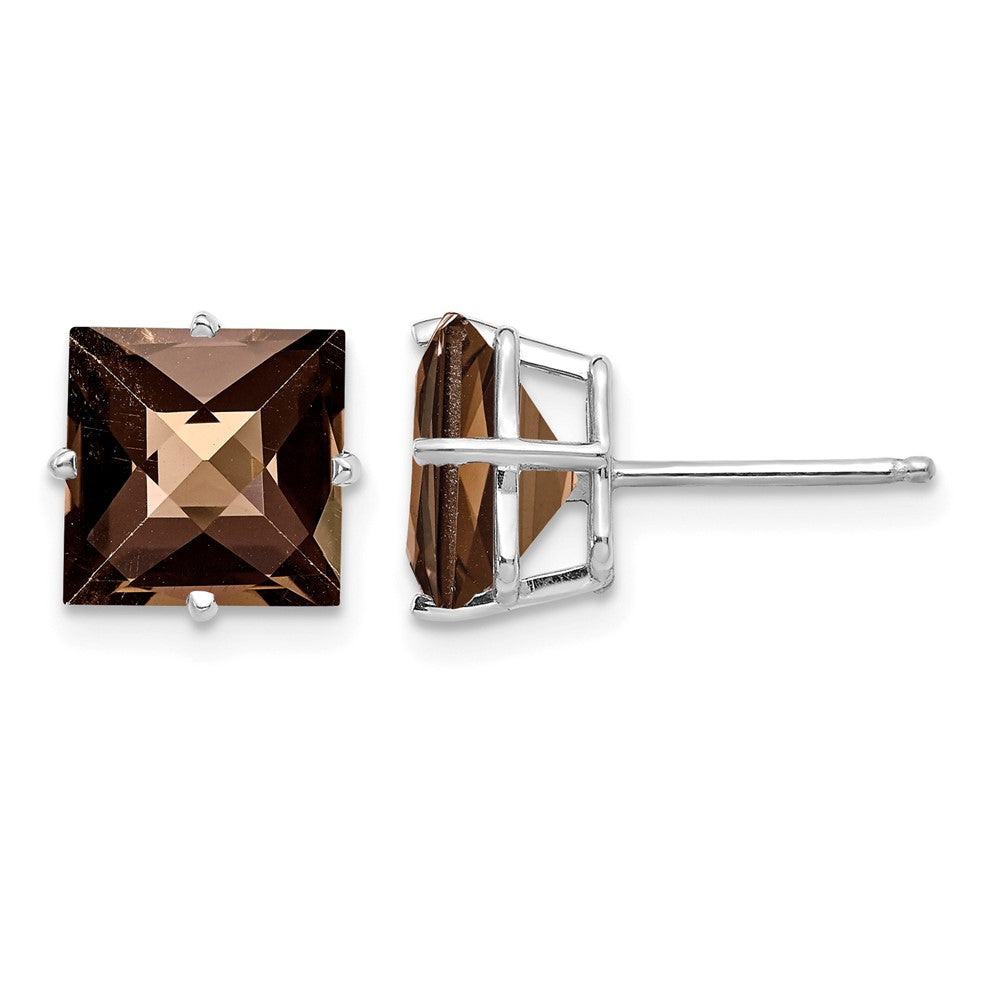 14kw Princess 4-Prong 8.0mm Checker-Cut Smoky Quartz Earrings