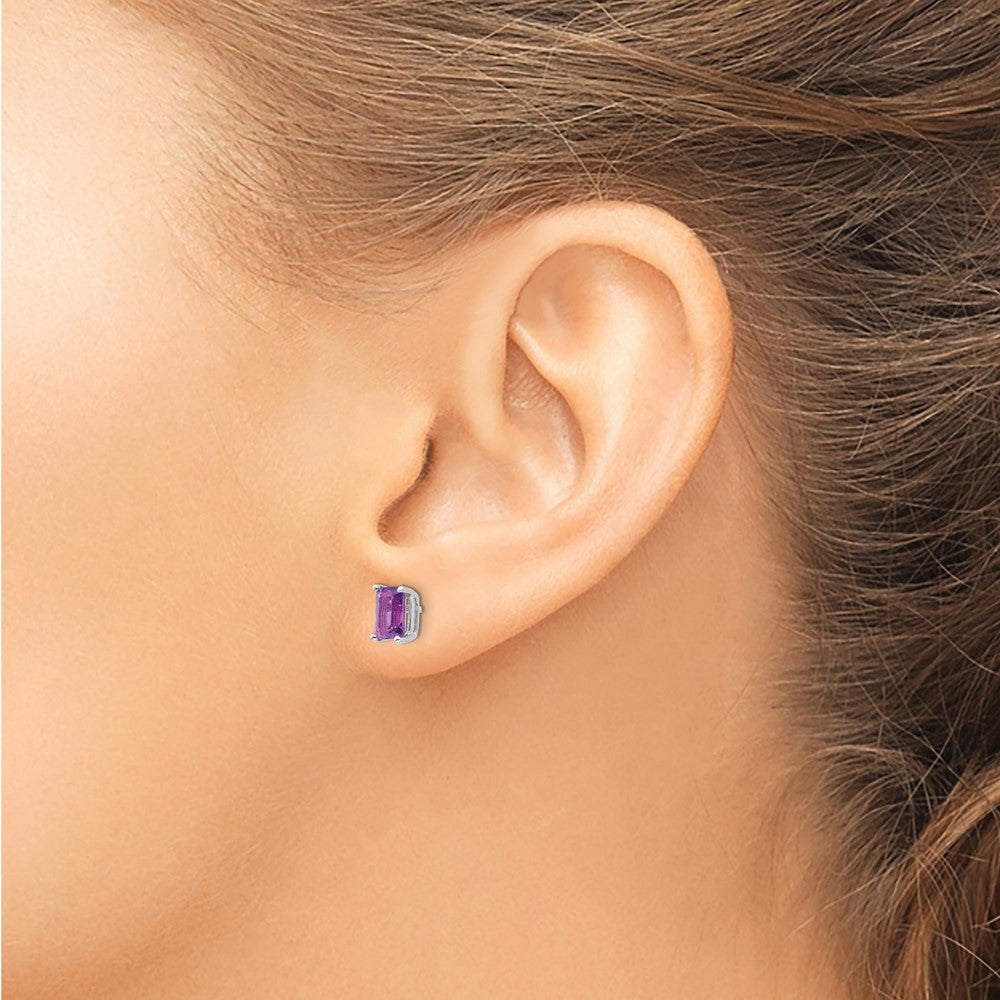 14k White Gold 6x4mm Emerald Cut Amethyst Earrings