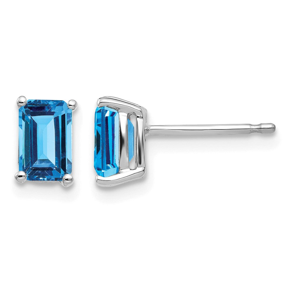 14k White Gold 6x4mm Emerald Cut Blue Topaz Earrings